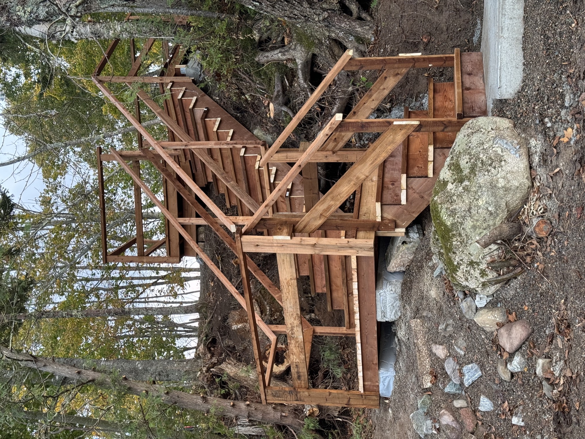 Custom-built wooden staircase.