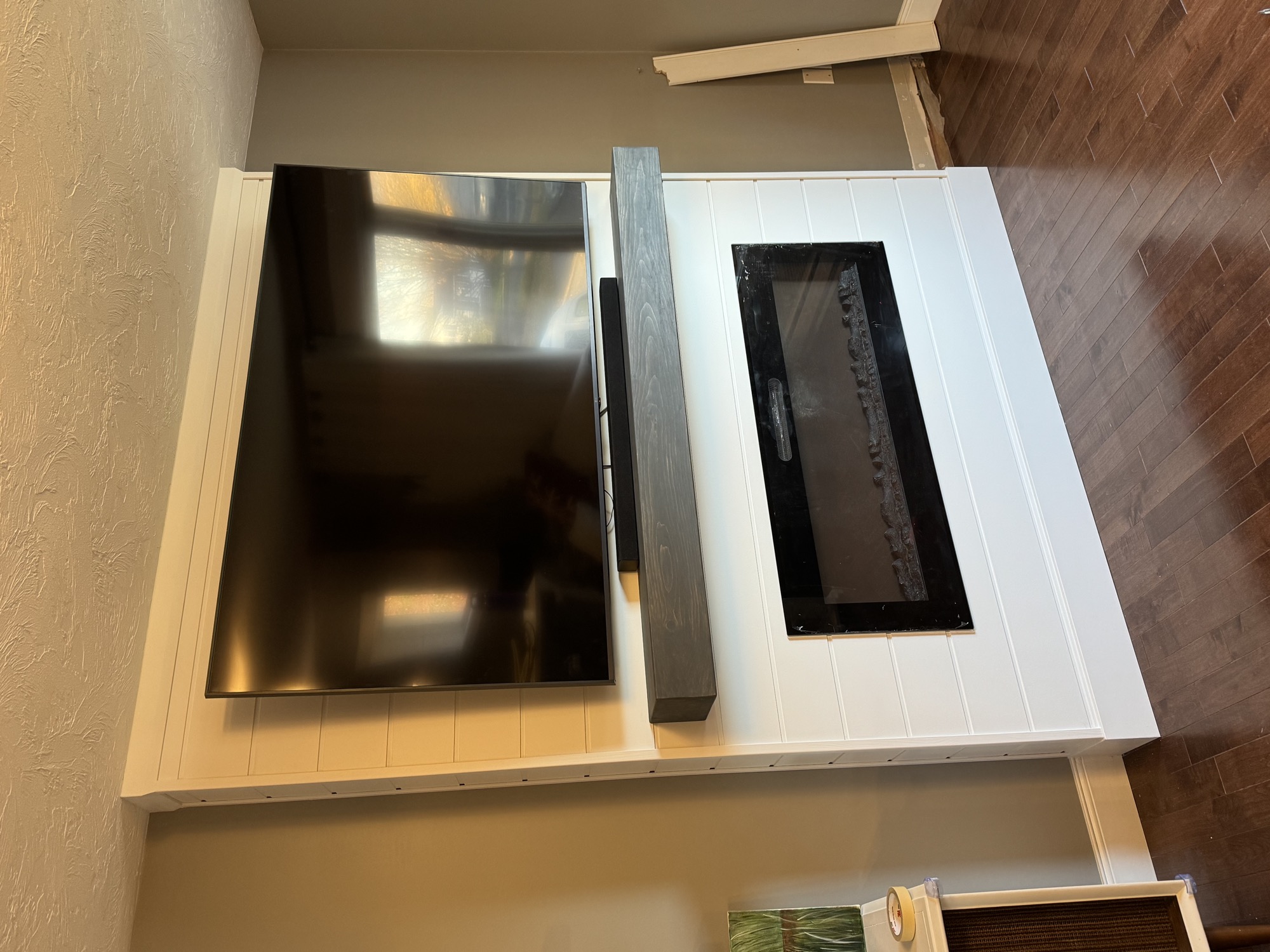 Electric fireplace mantel with TV completed.